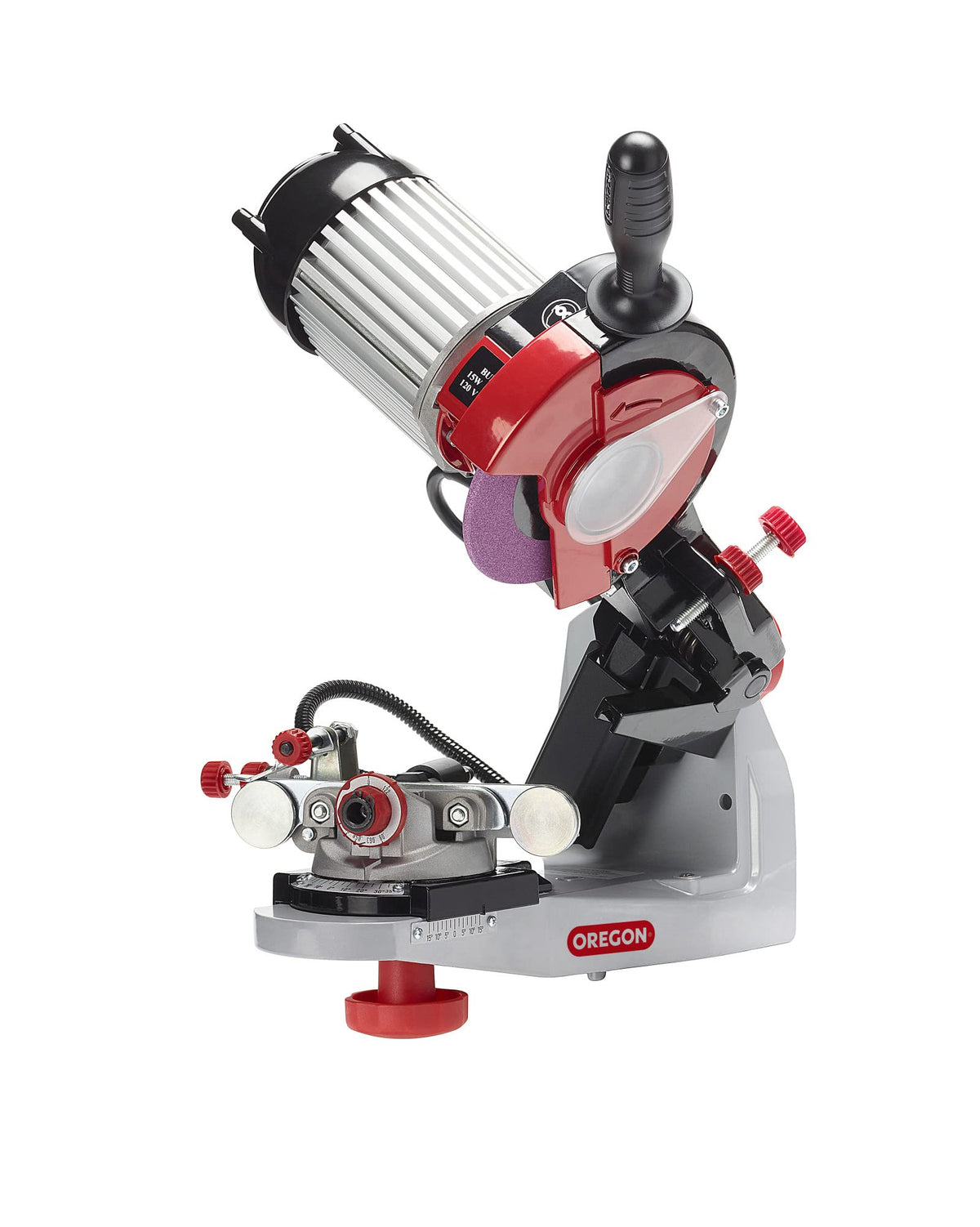 Oregon 620-120 bench grinder with hydraulic clamp for precise chain sharpening