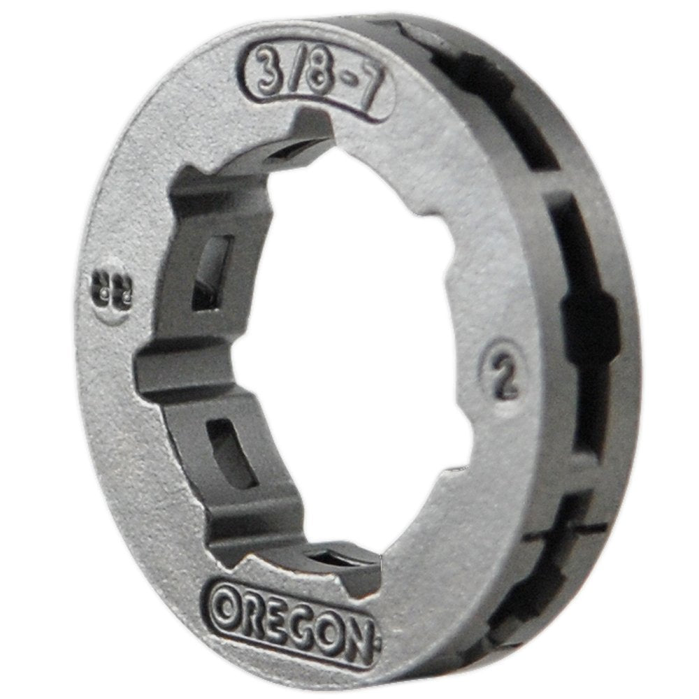 Oregon 68210 Power Mate rim showing a 7-tooth 7-spline setup for 3-8-inch pitch chains; designed for durability.