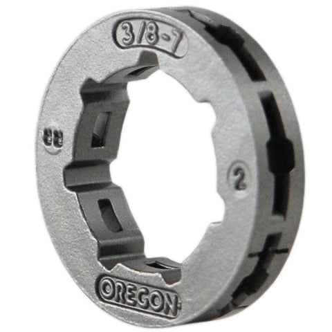 Oregon 68210 Power Mate rim showing a 7-tooth 7-spline setup for 3-8-inch pitch chains; designed for durability.