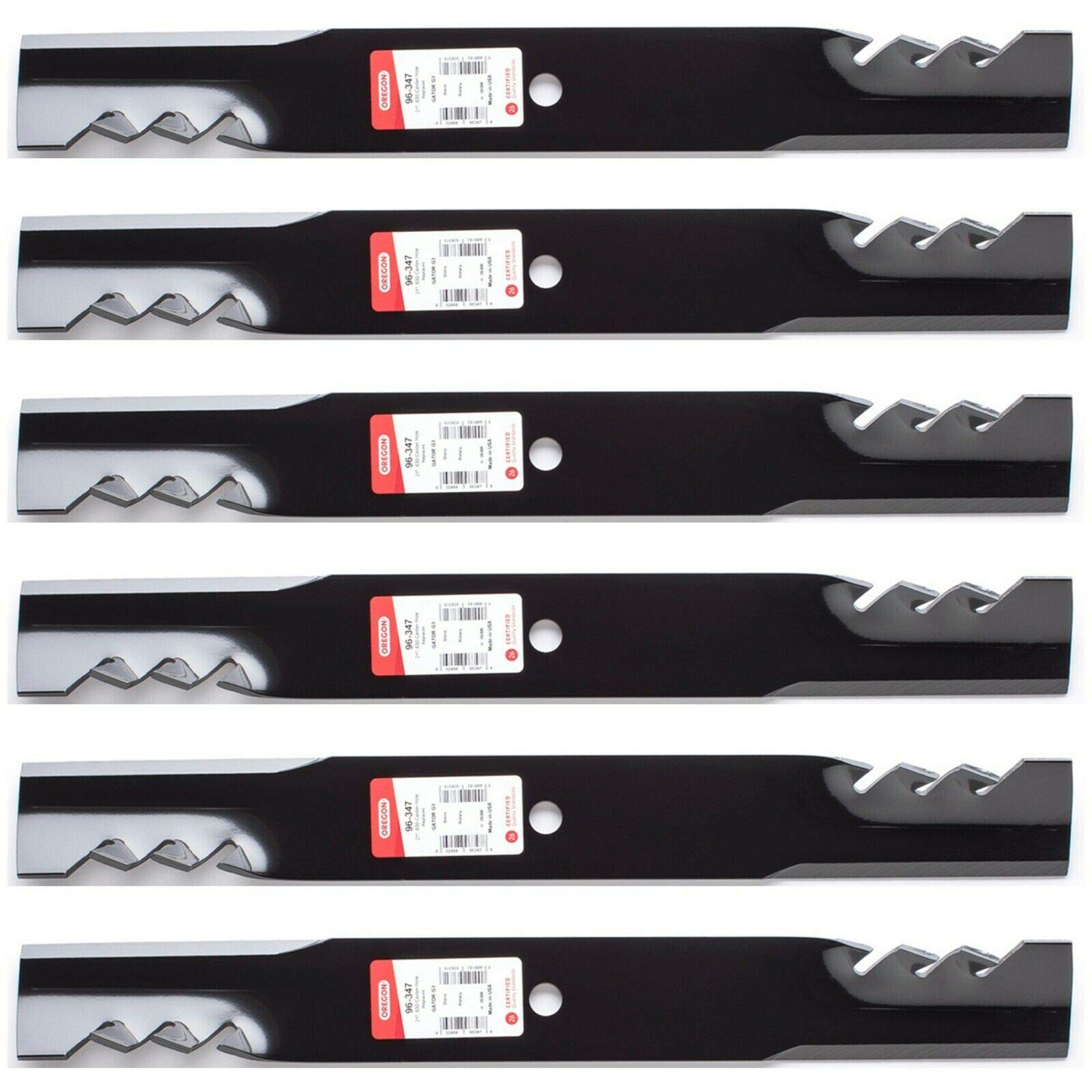 Oregon 6PK USA mower blades for Scag 61-inch deck, mulching design.