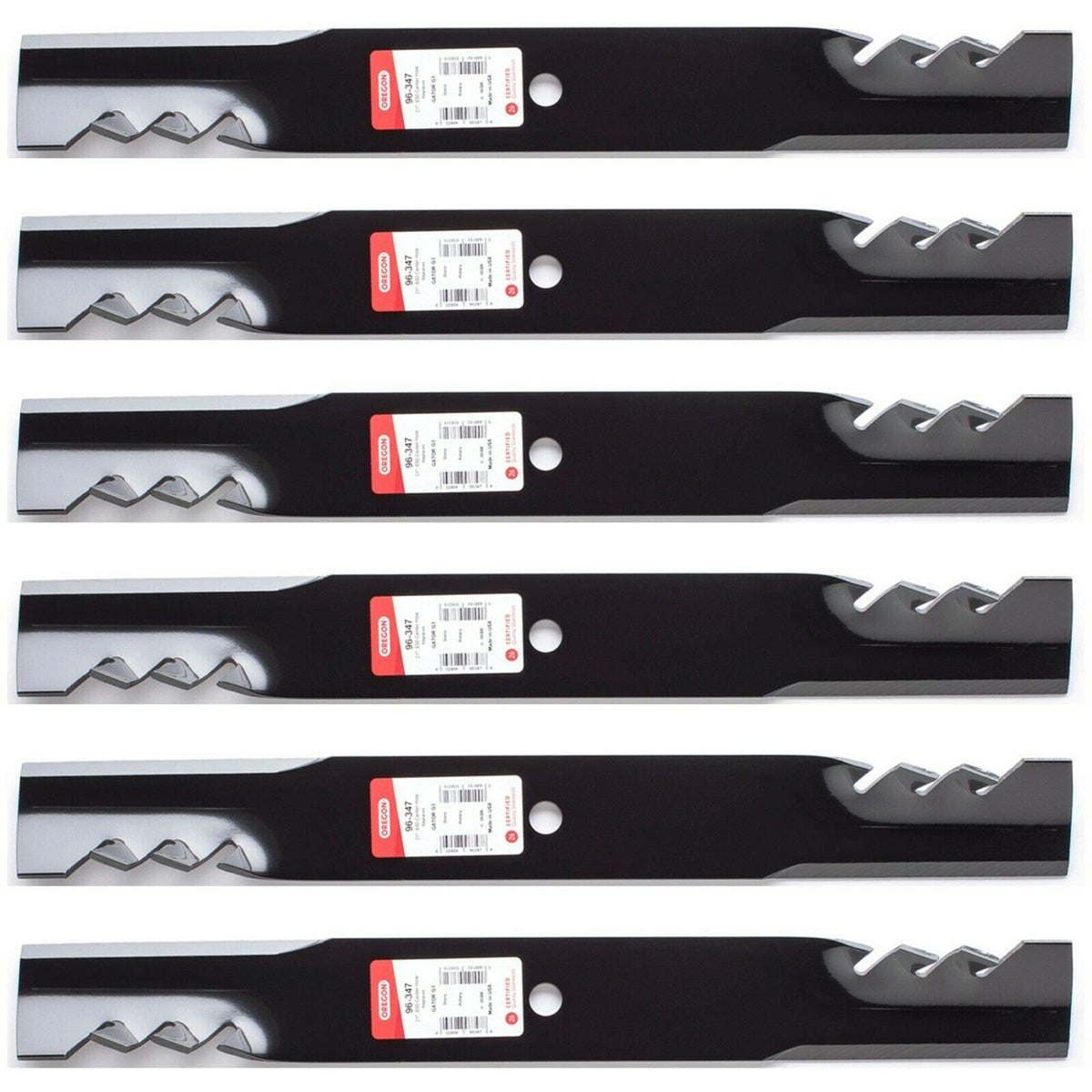 Oregon 6PK USA mower blades for Scag 61-inch deck, mulching design.