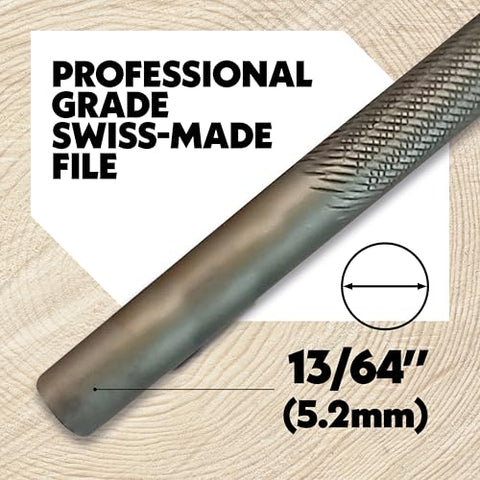 Oregon round file close-up shows double-cut design reduces clogging