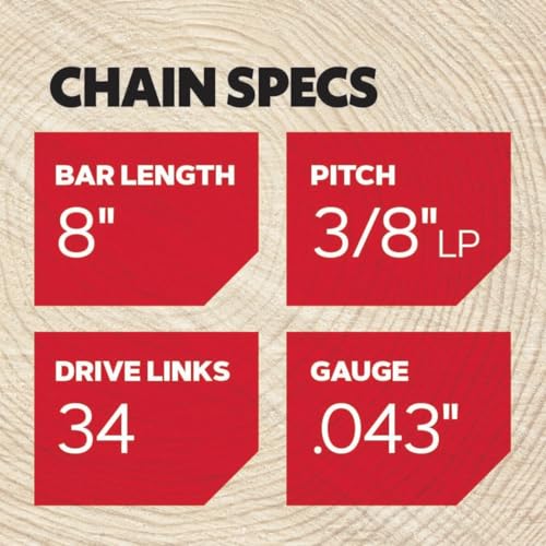 34 drive links with 3/8 inch pitch and 0.043 inch gauge for efficient cutting.