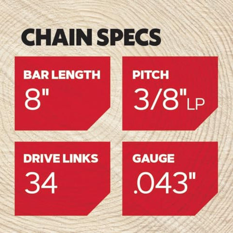 34 drive links with 3/8 inch pitch and 0.043 inch gauge for efficient cutting.