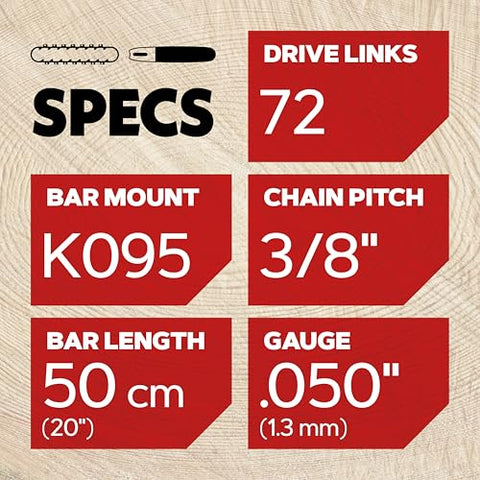 Close-up of the 72 drive-link chain for durable, precise cuts