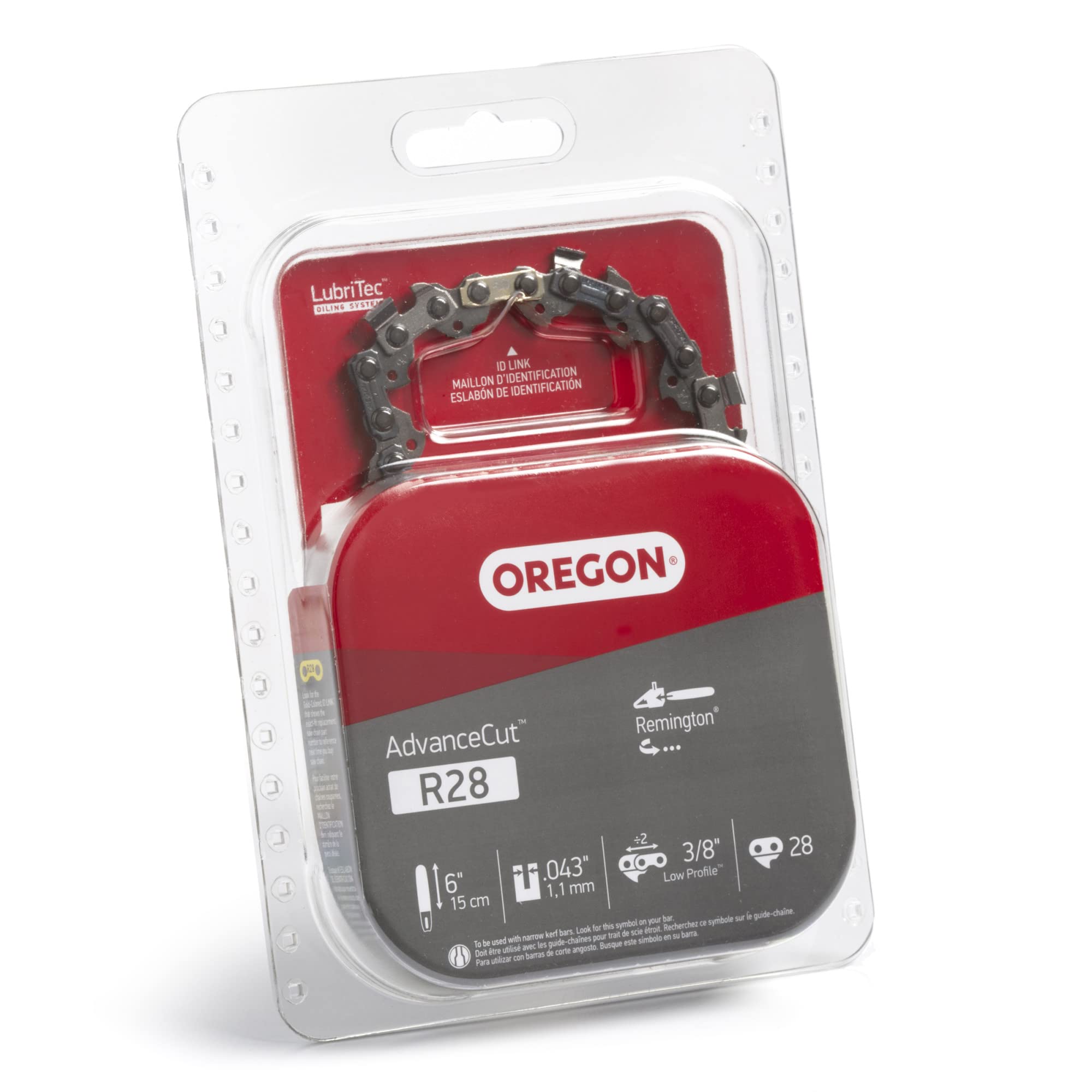 Oregon AdvanceCut 0.043-inch gauge shown for narrow kerf and reduced power draw