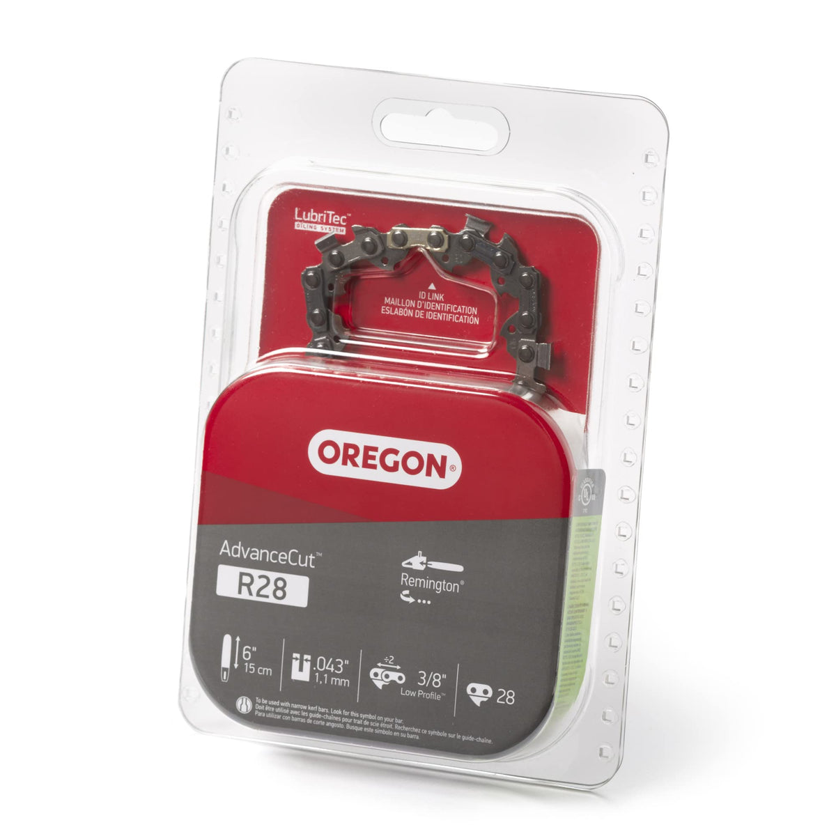 Oregon AdvanceCut chain close-up showing 28 drive links for smooth cutting