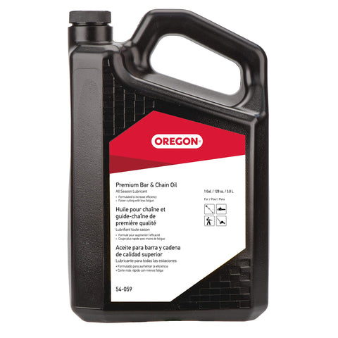 Oregon bar and chain oil bottle front showcases premium formula for smoother cuts
