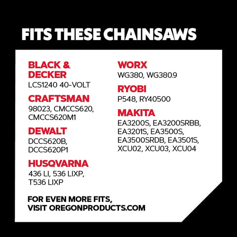 Oregon chain fitment chart indicating compatibility with multiple saw models