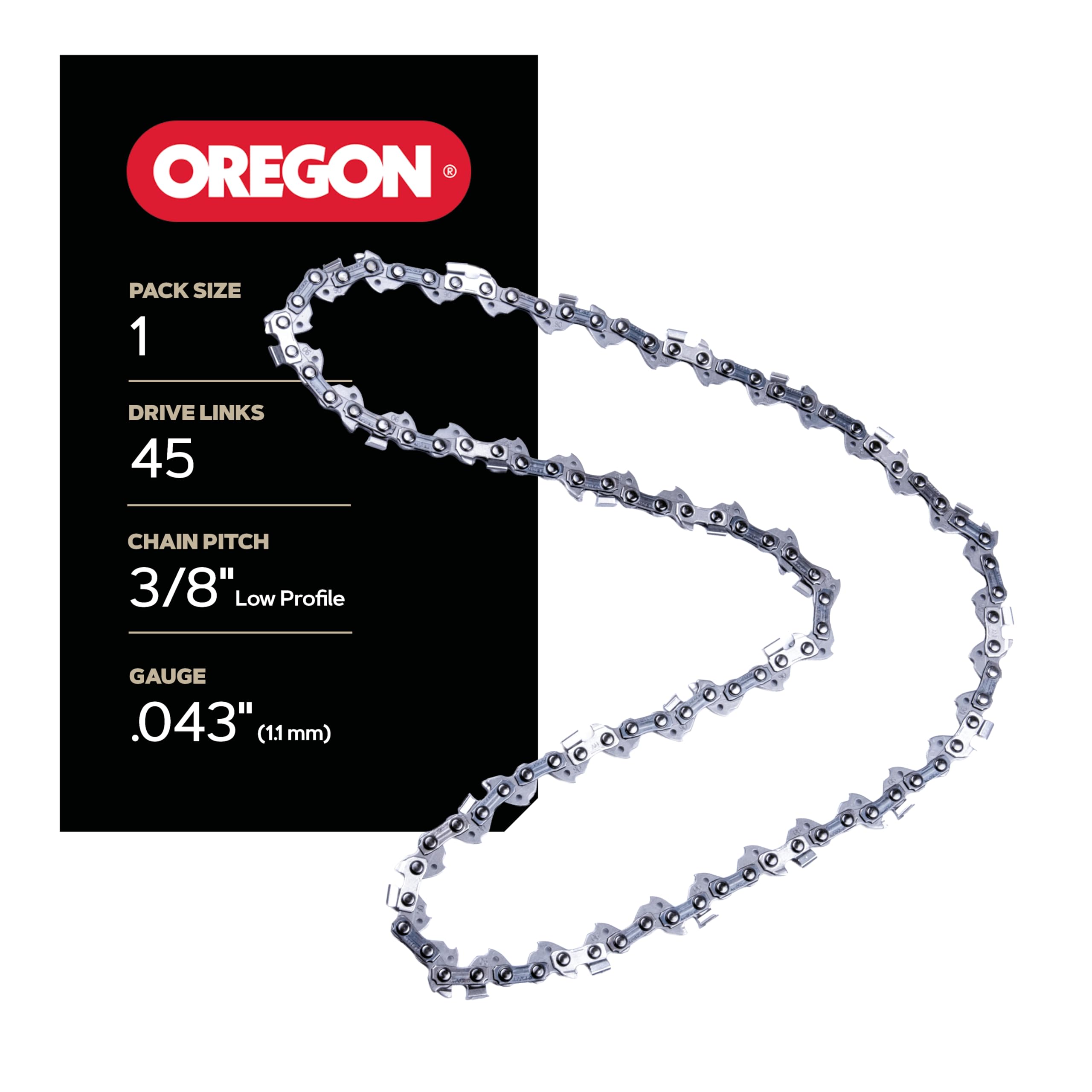 Oregon chainsaw chain closeup showing 3/8 LP pitch and 0.043 gauge for precise cuts