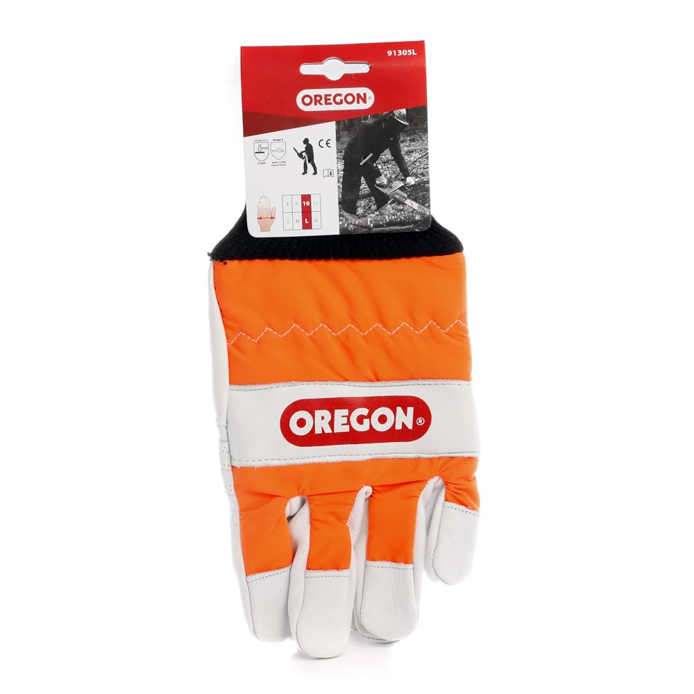 Oregon chainsaw gloves with waterproof palms for secure grip in rain.