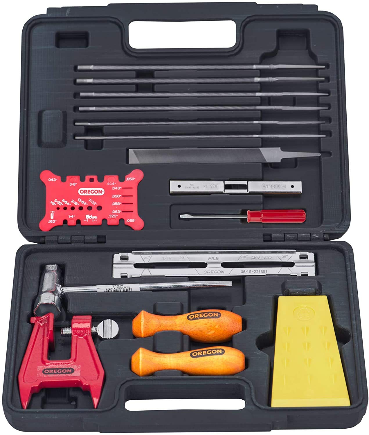 Oregon chainsaw sharpening kit case neatly organized for quick field maintenance.