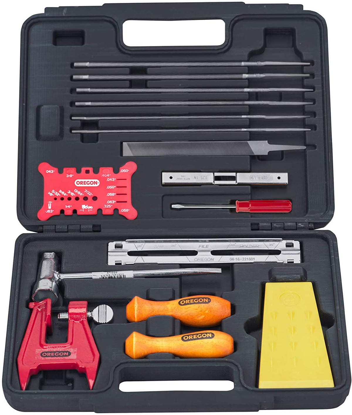 Oregon chainsaw sharpening kit case neatly organized for quick field maintenance.