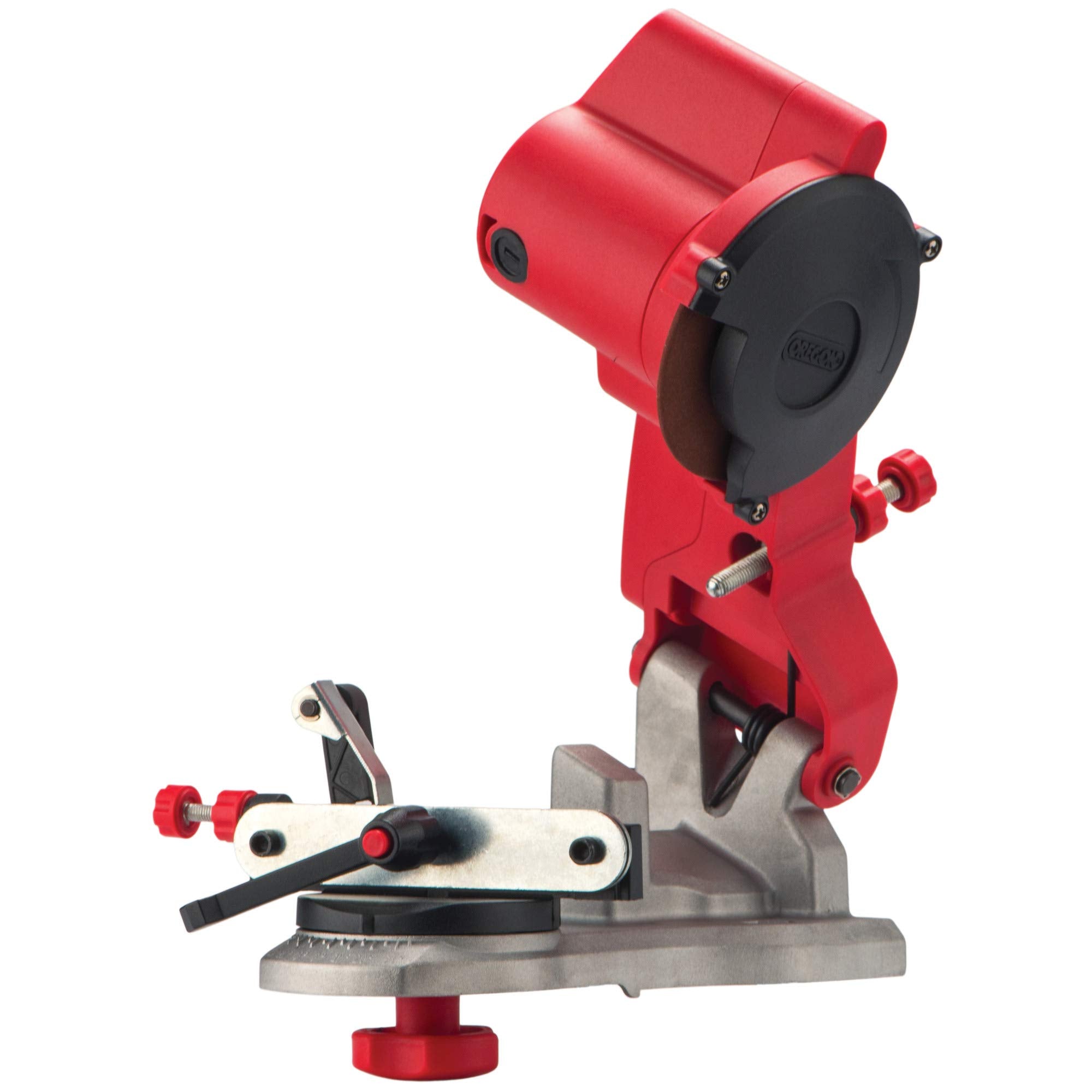 Oregon compact 120V mini bench grinder mounted on a workbench for precise chain sharpening
