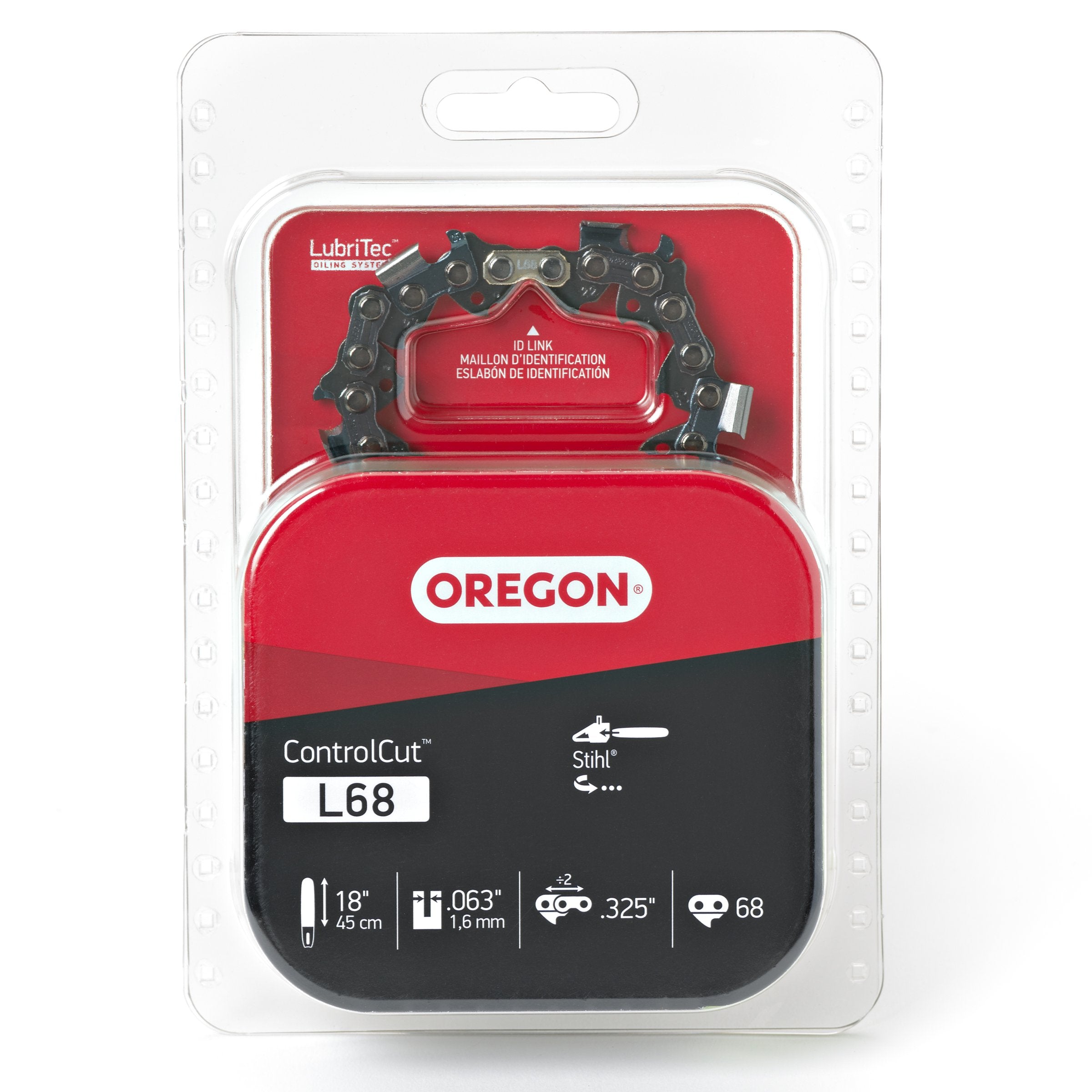 Oregon ControlCut chain with 325 pitch and 18-inch bar for versatile cutting.