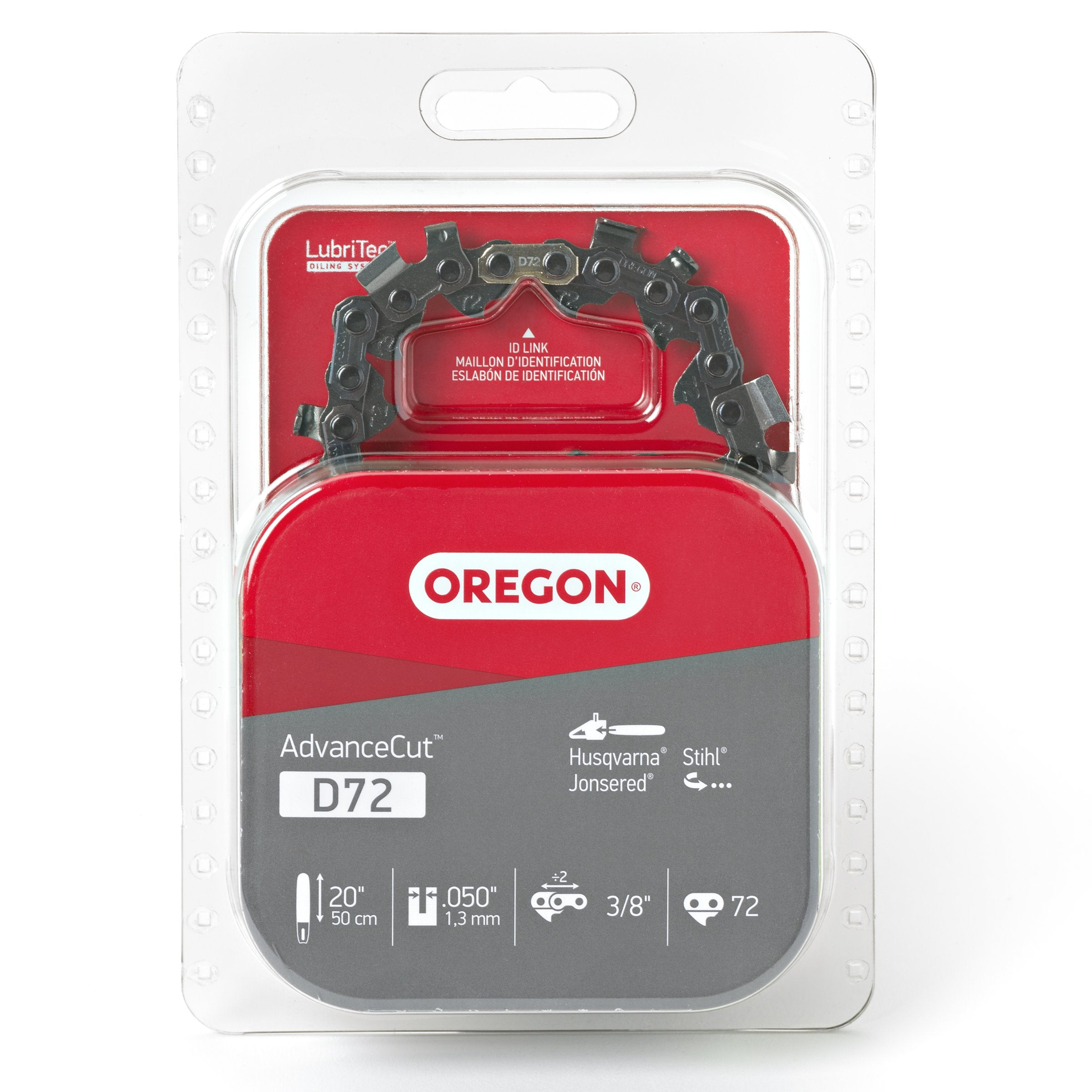 Oregon D72 20-inch chain on bar for smooth cutting performance.