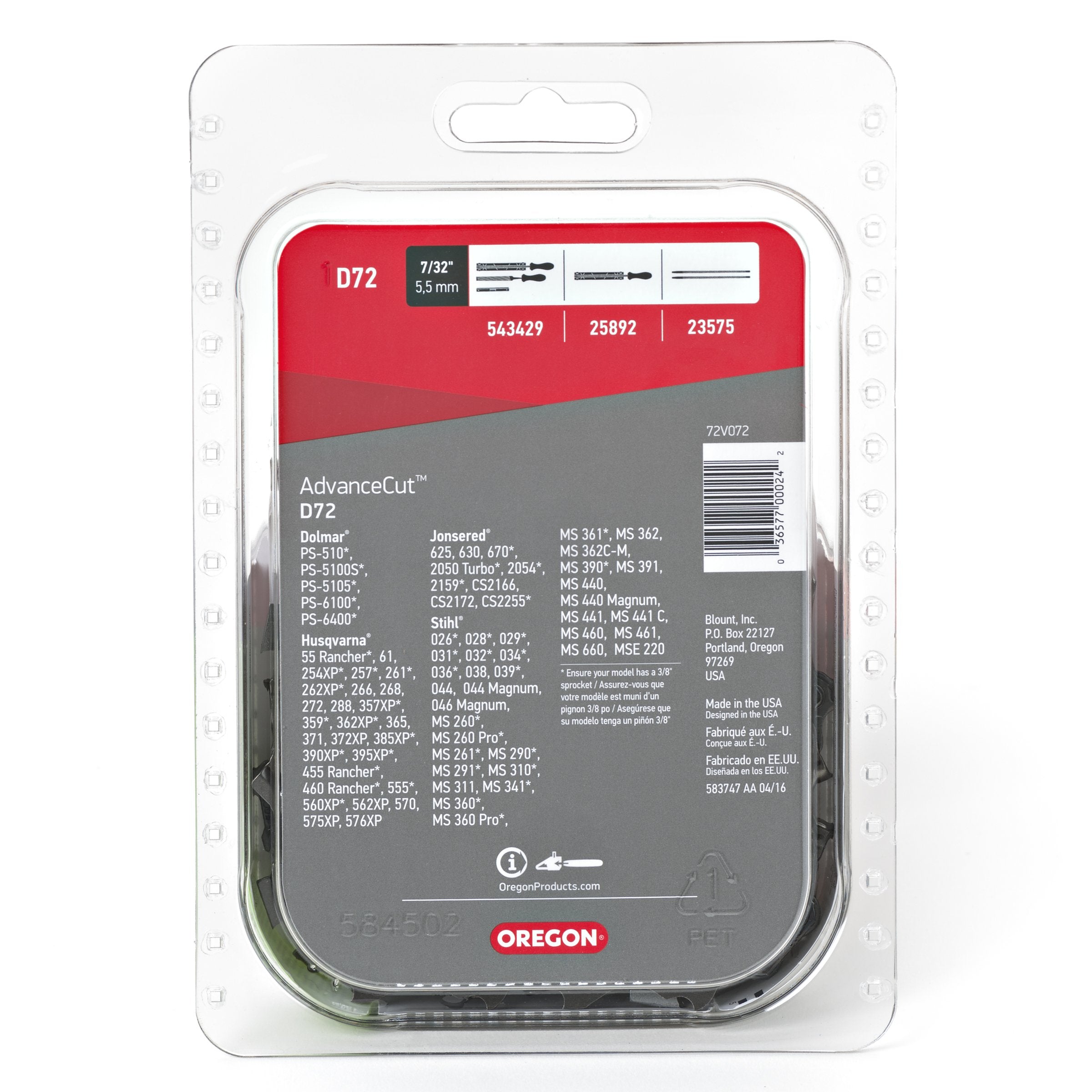 Oregon D72 72-drive-links close-up showing durable chrome layer.