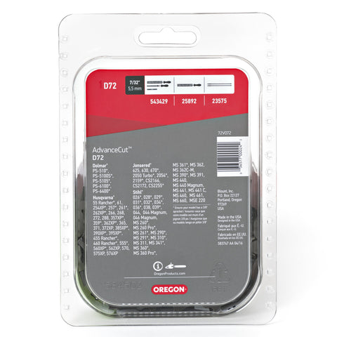 Oregon D72 72-drive-links close-up showing durable chrome layer.