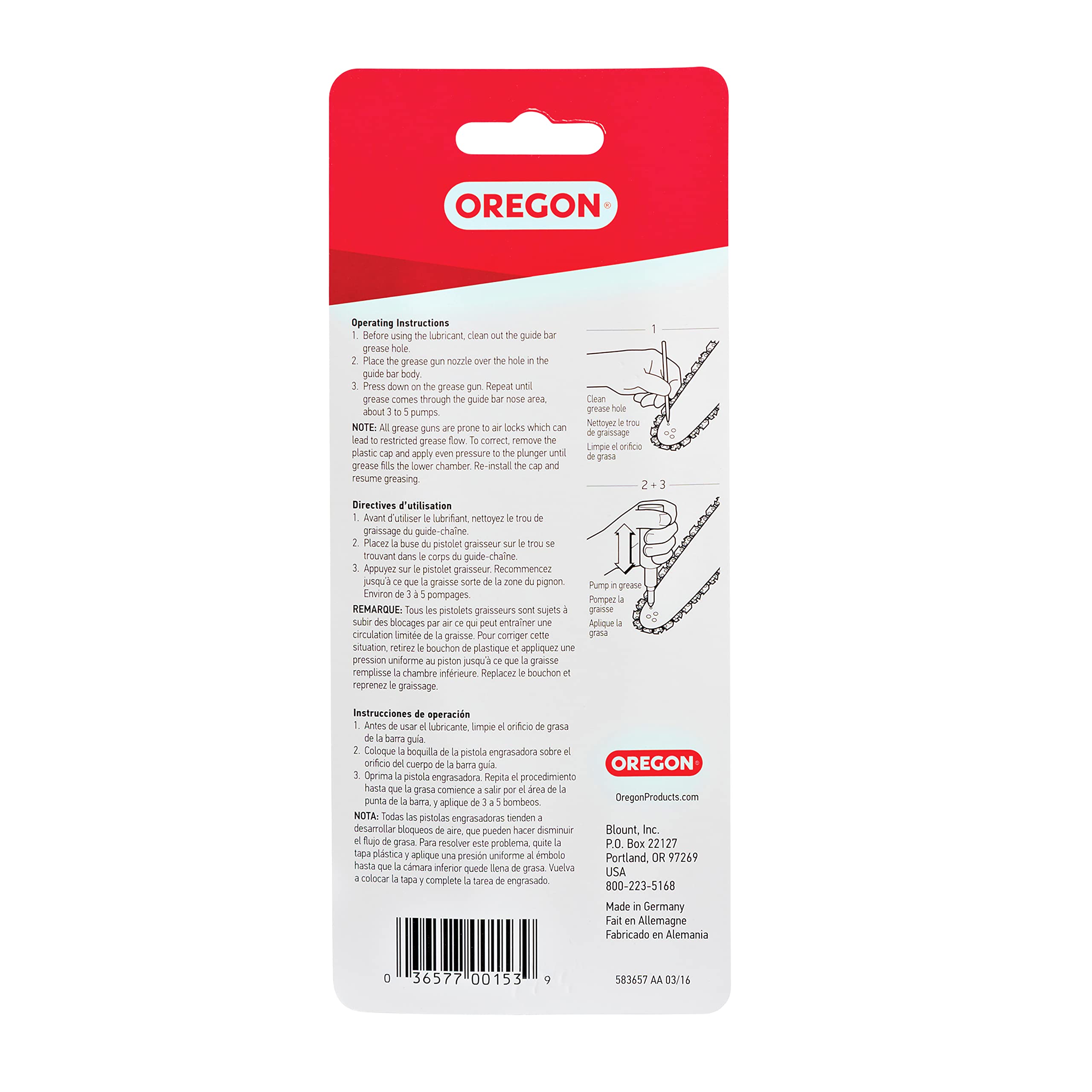 Oregon grease gun preloaded with all-purpose lubricant for immediate maintenance.