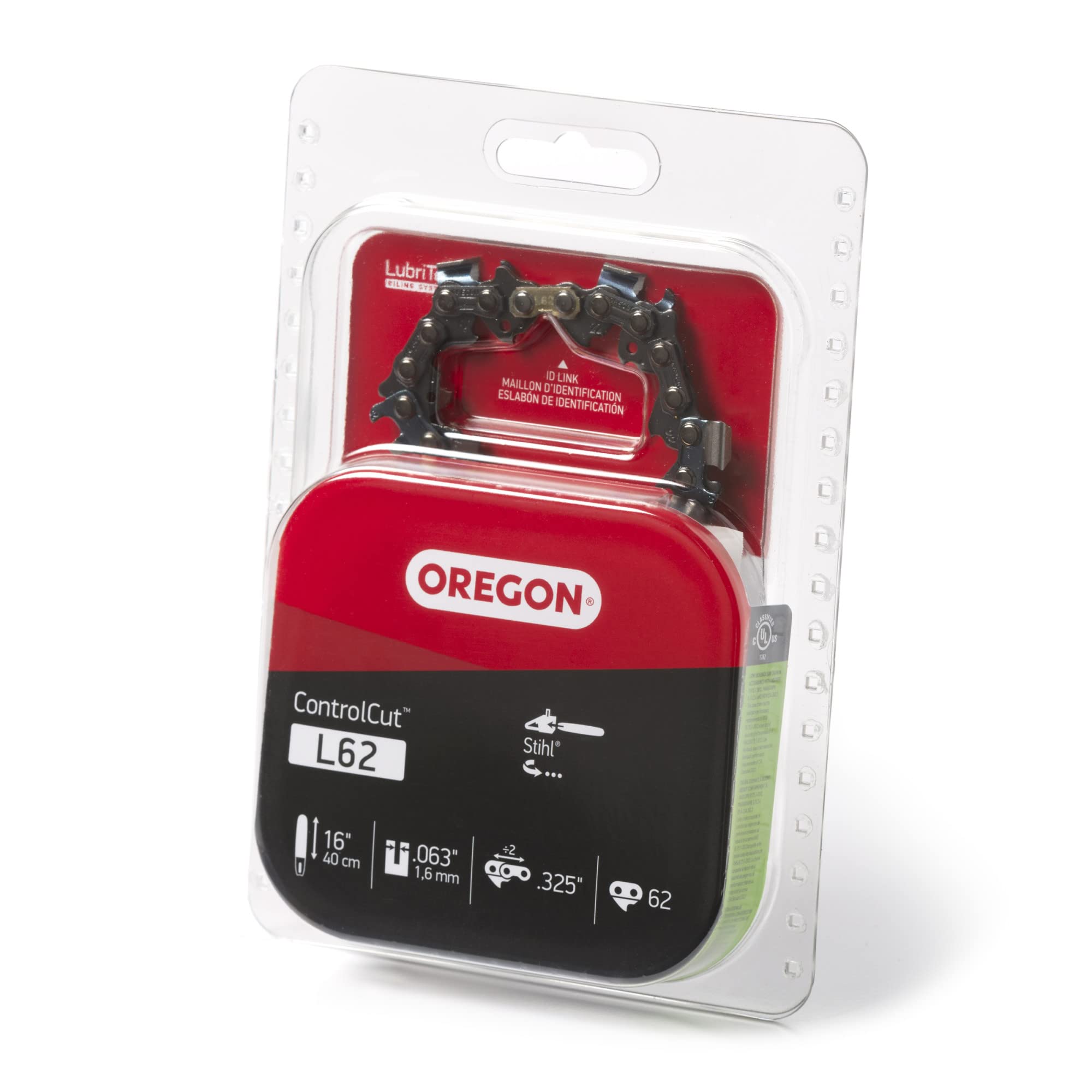 Oregon L62 ControlCut chain mounted on a 16-inch bar for Stihl compatibility.