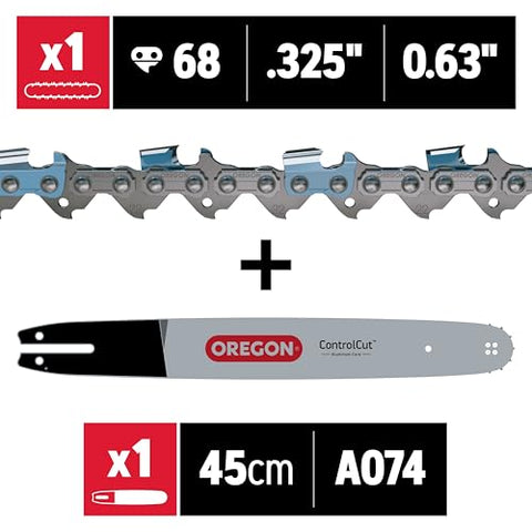 Oregon L68 chain close-up highlighting 0.325-inch pitch for smooth performance