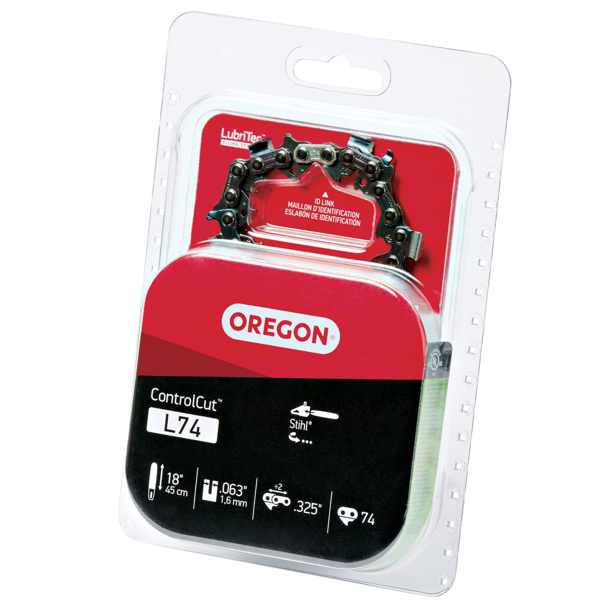 Oregon L74 ControlCut chain close-up highlights durable drive links for clean cuts