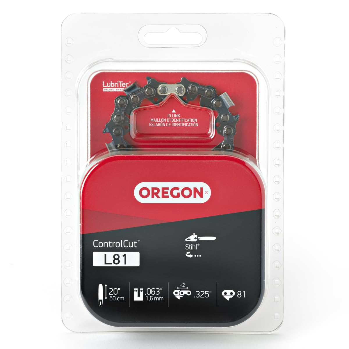 Oregon L81 ControlCut chain on a 20-inch bar with 81 drive links for smooth cuts.