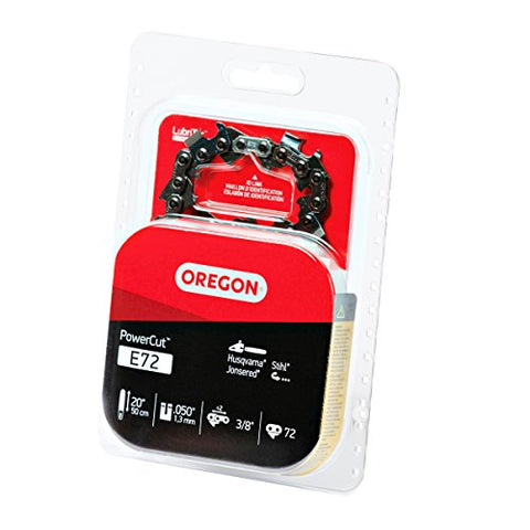 Packaging and branding of Oregon PowerCut chain shown for quick replacement.