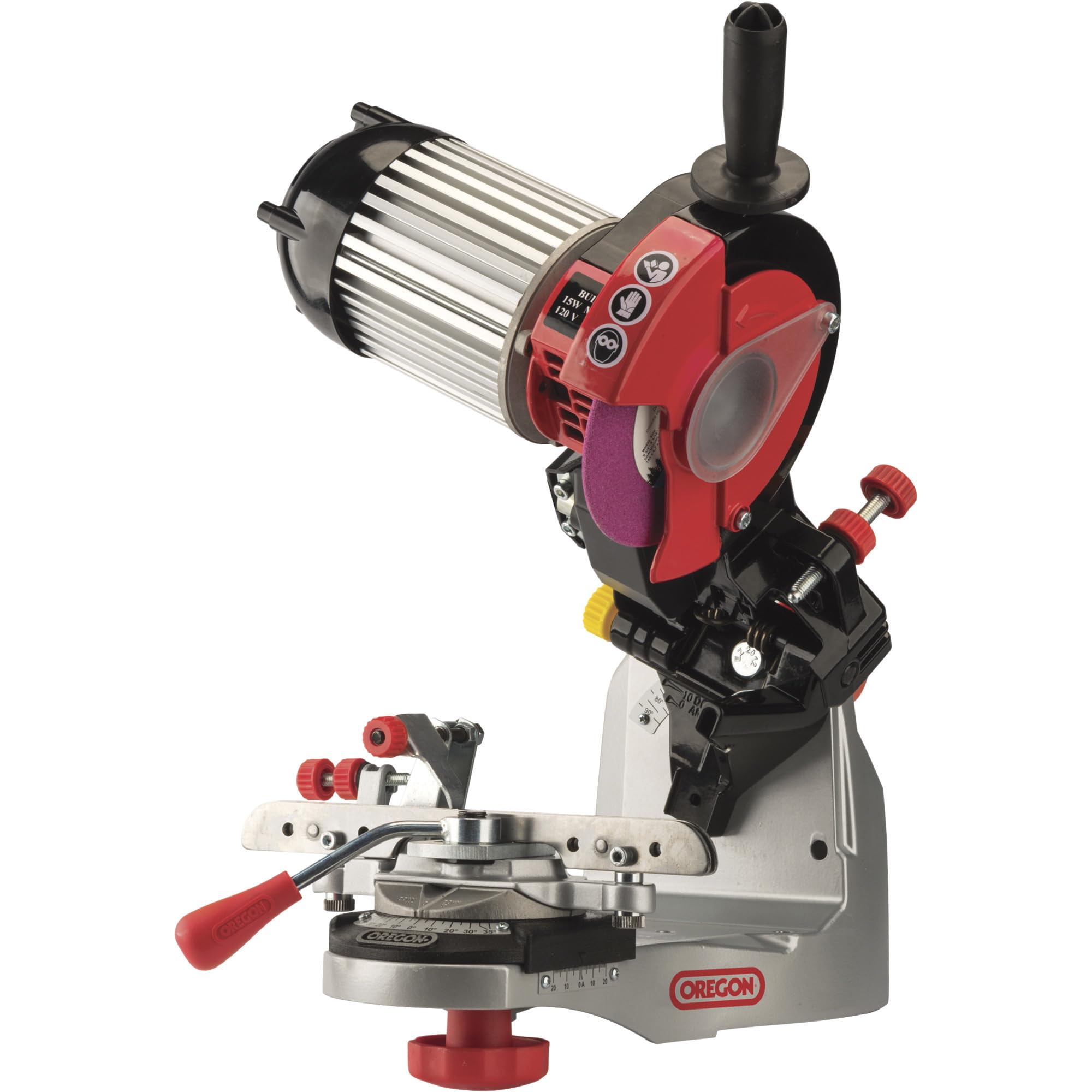 Oregon grinder mounted on bench for efficient chain sharpening.