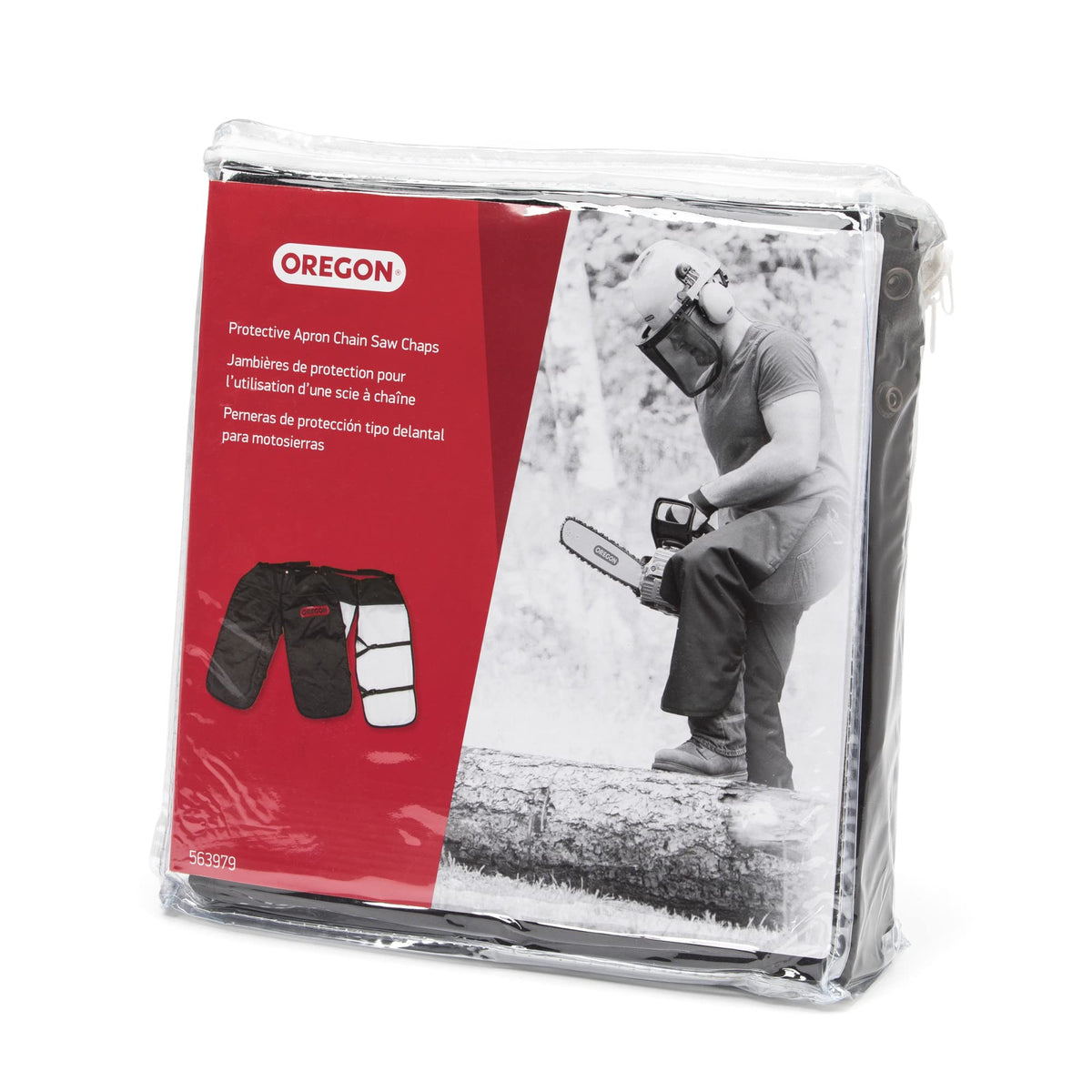 Oregon protective chainsaw chaps front view with 8-layer warp knit protection for safer cutting