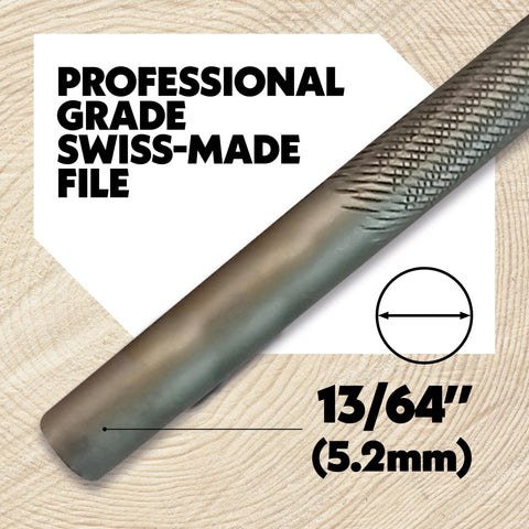 Oregon round-file teeth detail highlighting durability and material removal.