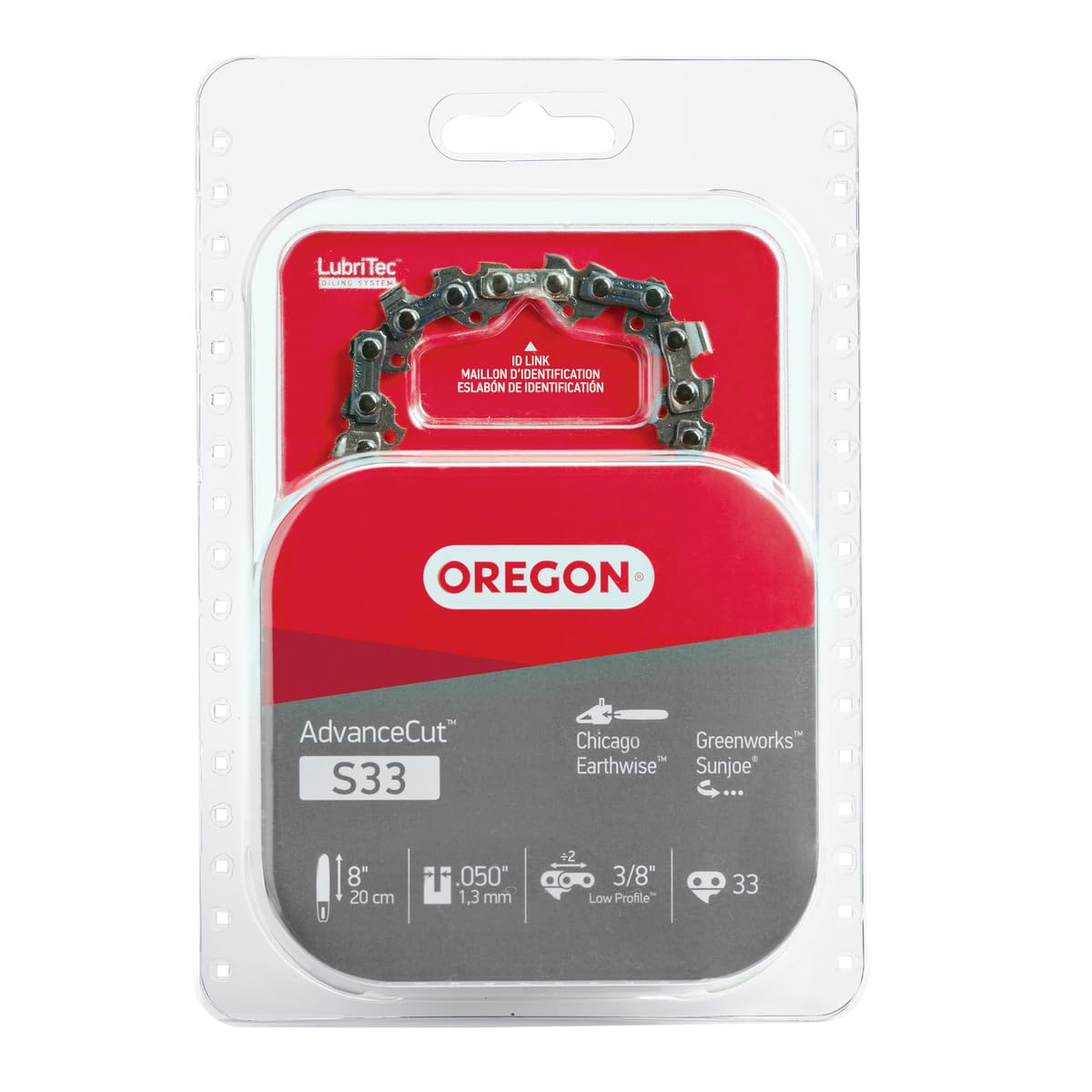 Oregon S33 chain on an 8 inch bar offers reliable cuts and 33 drive links.