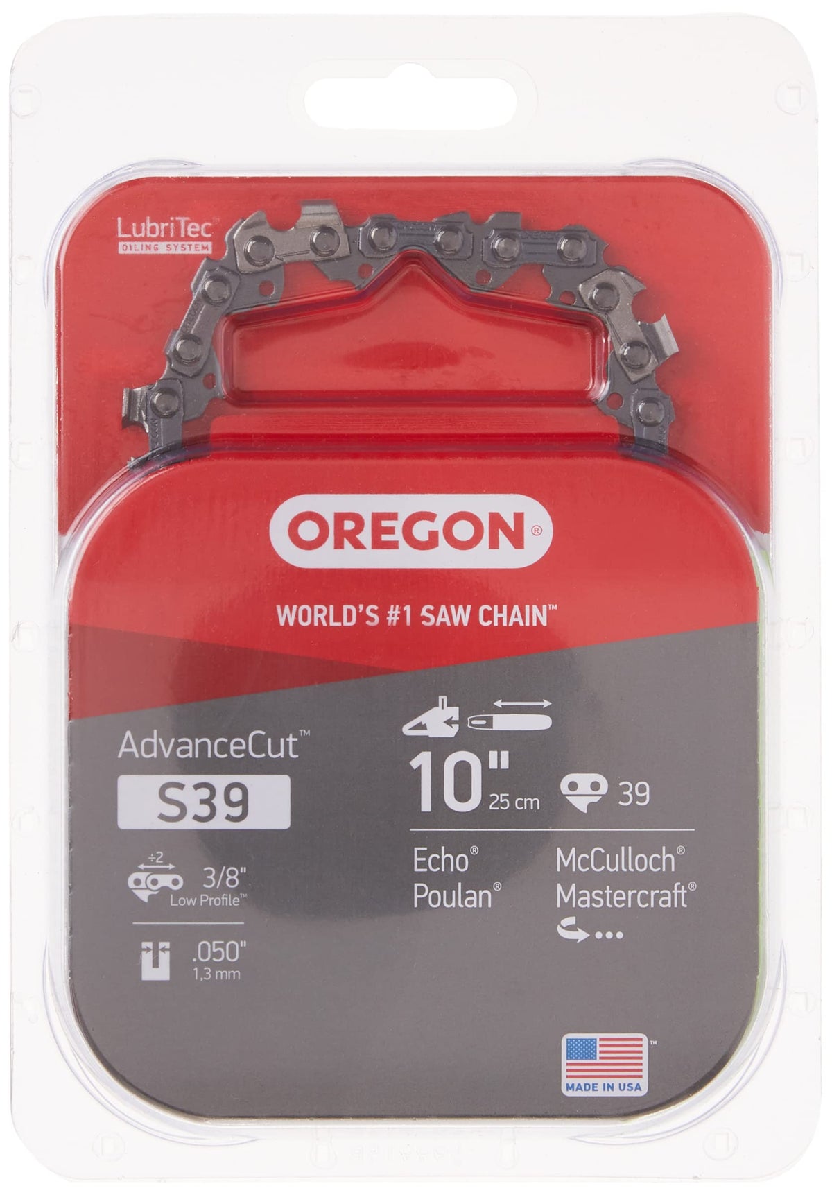 Oregon S39 AdvanceCut chain on a 10-inch bar showing durable chrome finish.