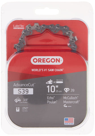 Oregon S39 AdvanceCut chain on a 10-inch bar showing durable chrome finish.