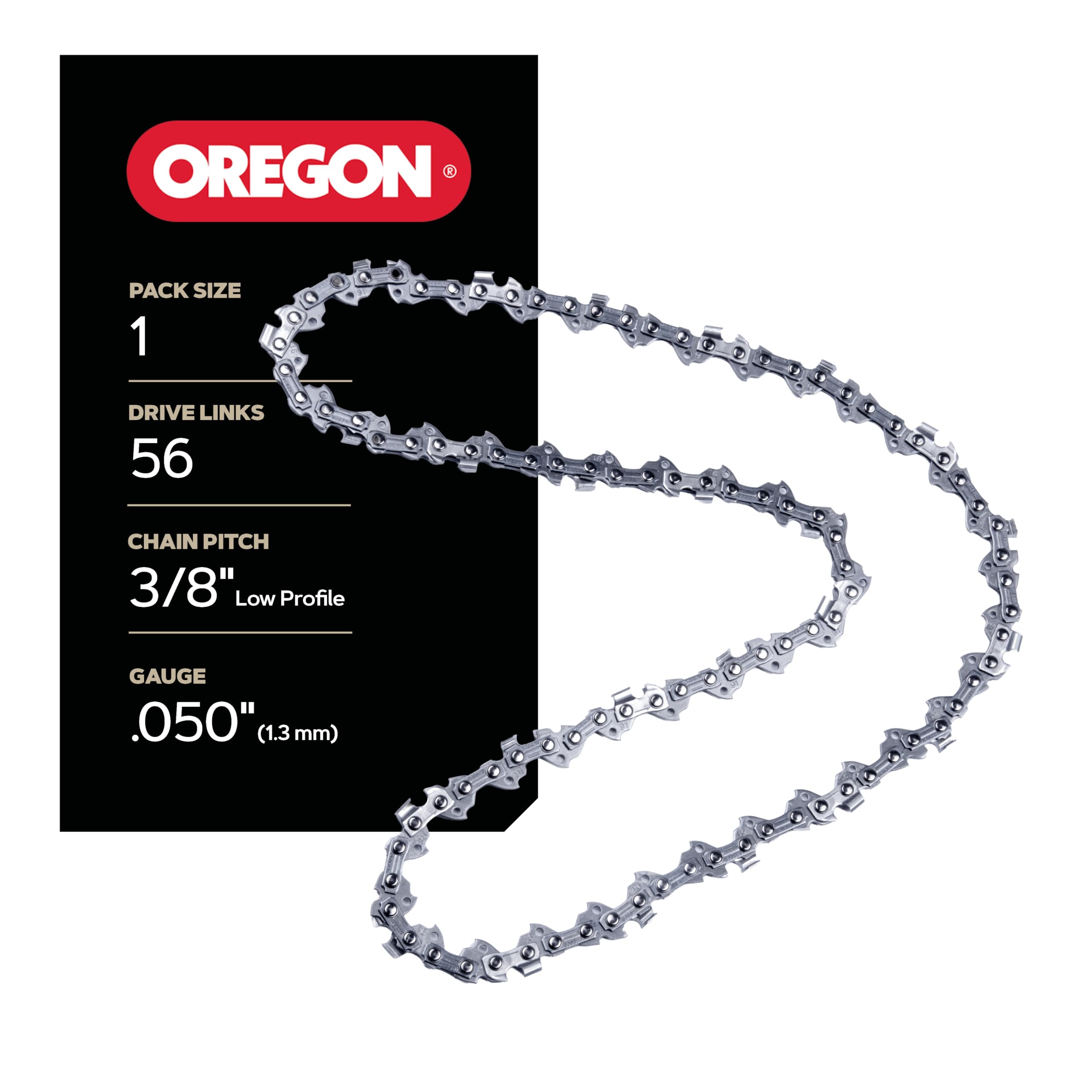 Oregon S56 16-inch saw chain cutters close-up showing chamfer chisels for smooth cutting.