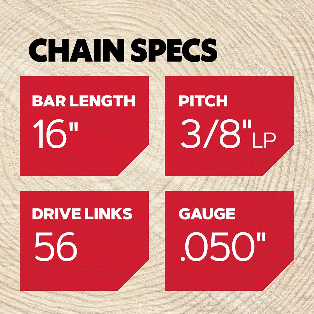 Oregon S56 16-inch saw chain on bar for real-world fit.