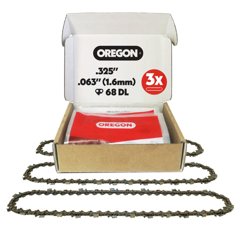 Oregon V68 PowerCut chain on an 18-inch bar enables precise, clean cuts.