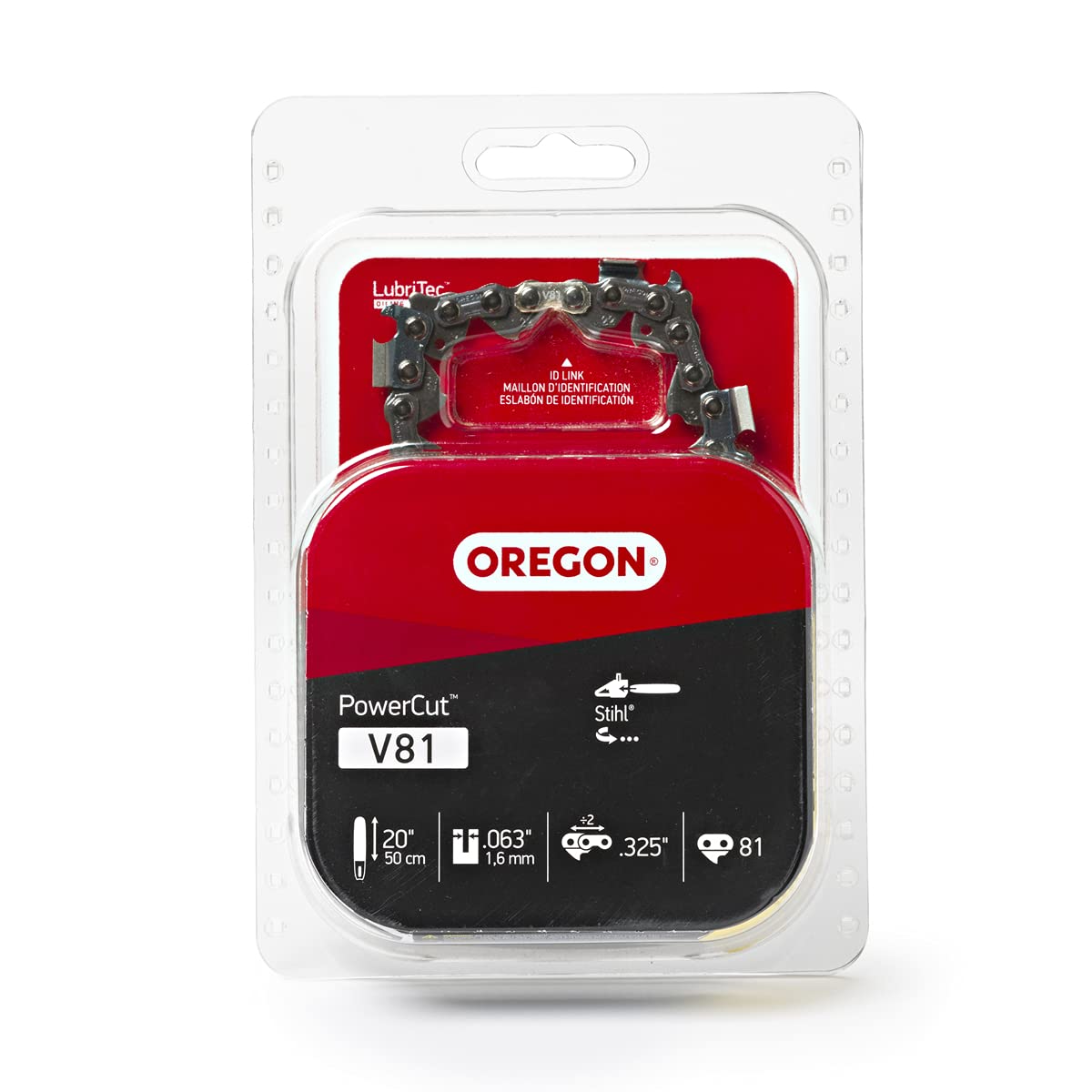 Oregon V81 PowerCut chain on a 20 inch bar showing fast cutting action