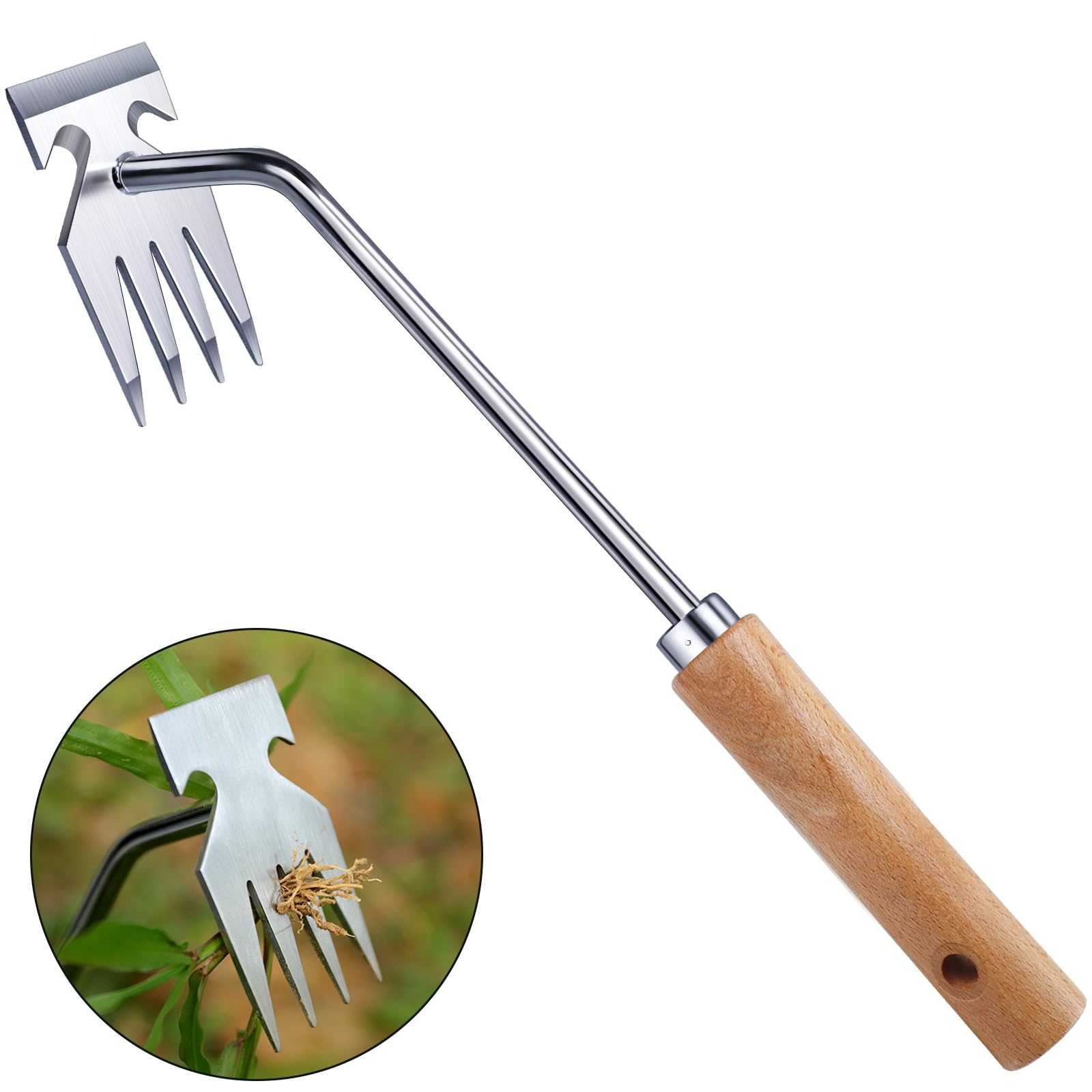 Orelex weed puller tool with four stainless steel tines for root extraction