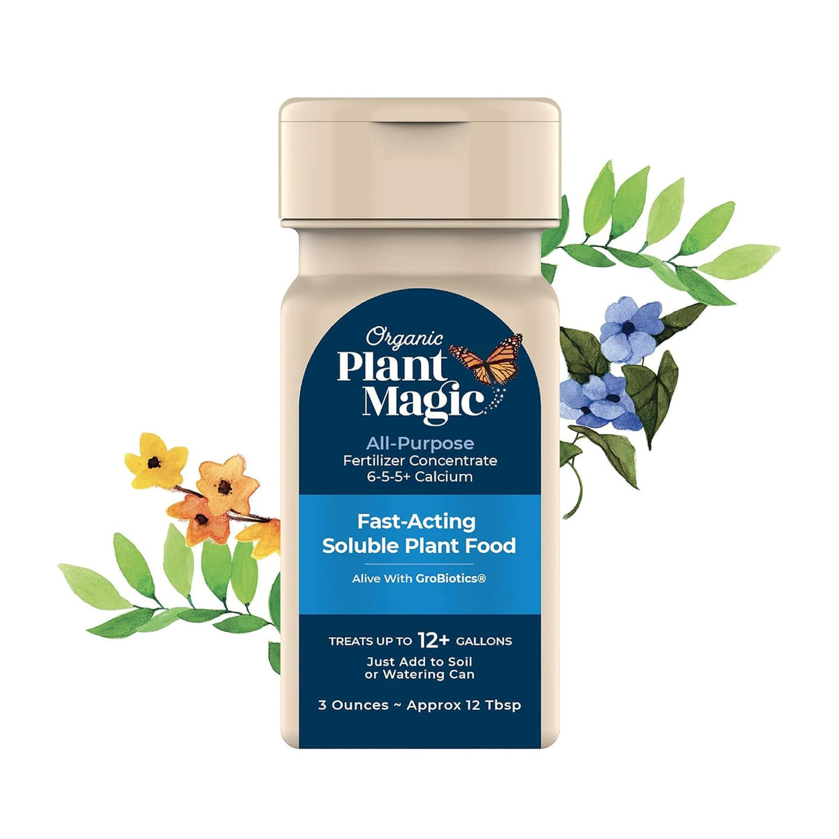 Organic Plant Magic 3oz shaker for easy indoor plant feeding.