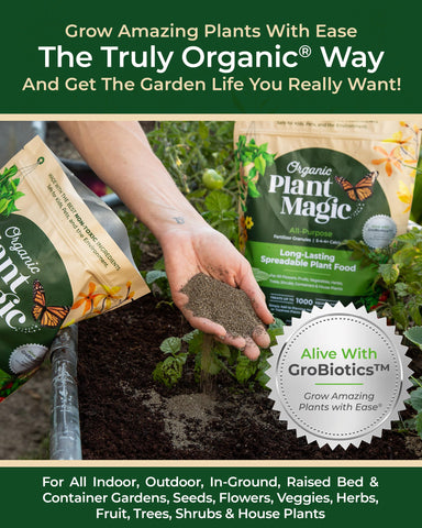 Organic Plant Magic 4lb bag on shelf provides long-lasting plant nutrition for various gardens.