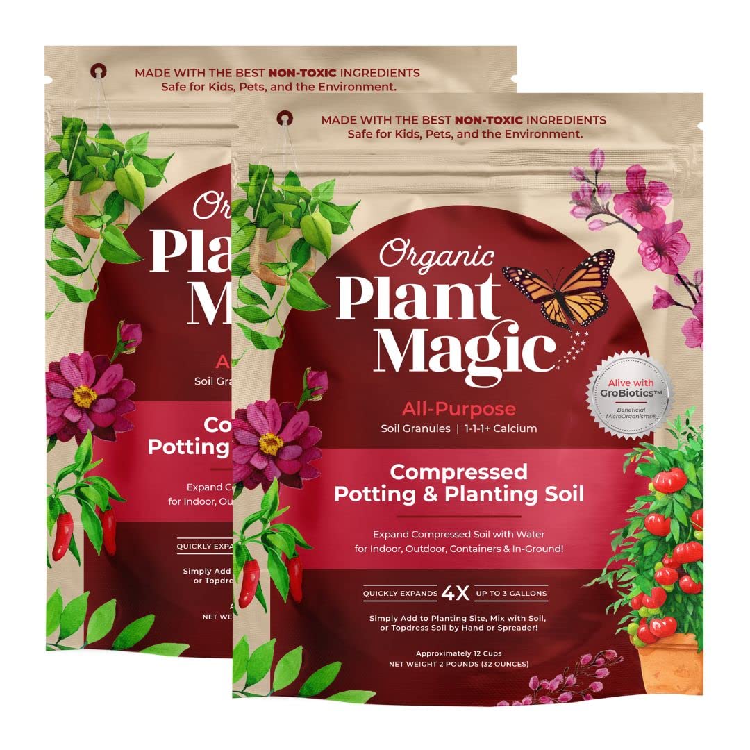 Organic Plant Magic compressed potting soil bag ready for quick planting and expansion.