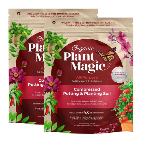 Organic Plant Magic compressed potting soil bag ready for quick planting and expansion.