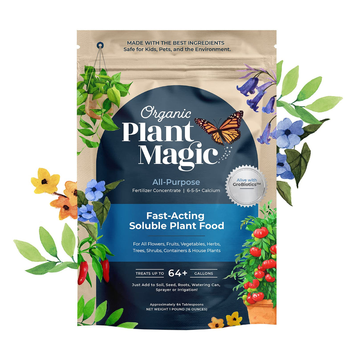 Organic Plant Magic fast-acting soluble bottle pour boosts nutrient delivery for vigorous growth.