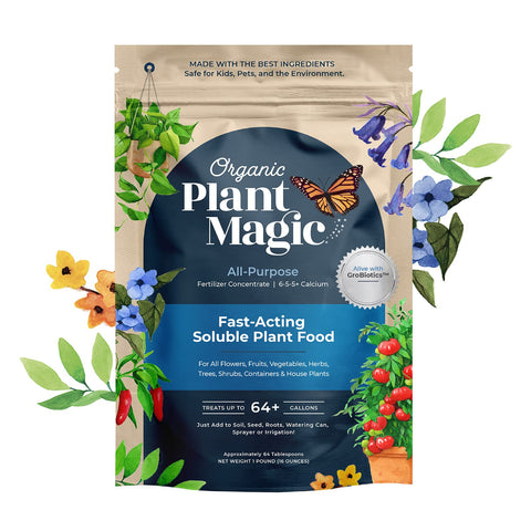 Organic Plant Magic fast-acting soluble bottle pour boosts nutrient delivery for vigorous growth.