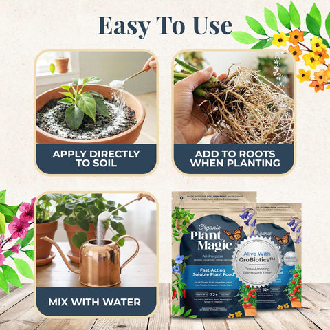 Organic Plant Magic feeding flowers to encourage vibrant color