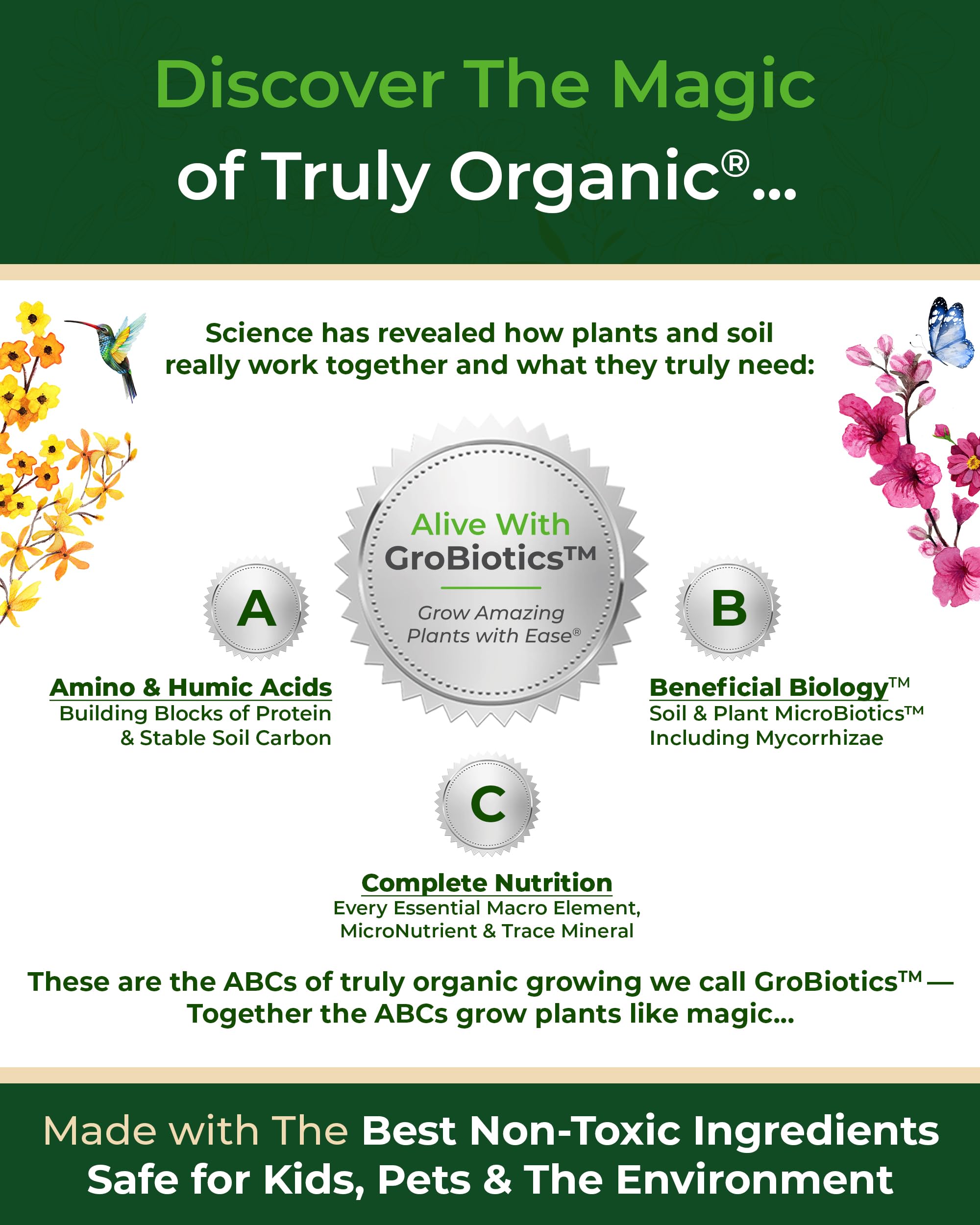 Organic Plant Magic healthy leaves and flowers indicate balanced nutrition and vigor.