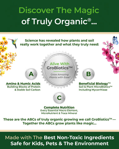 Organic Plant Magic healthy leaves and flowers indicate balanced nutrition and vigor.