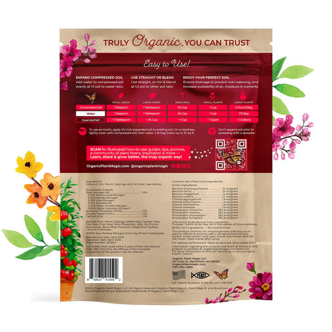 Organic Plant Magic soil pellets expanding to expand potting mix up to 4x.