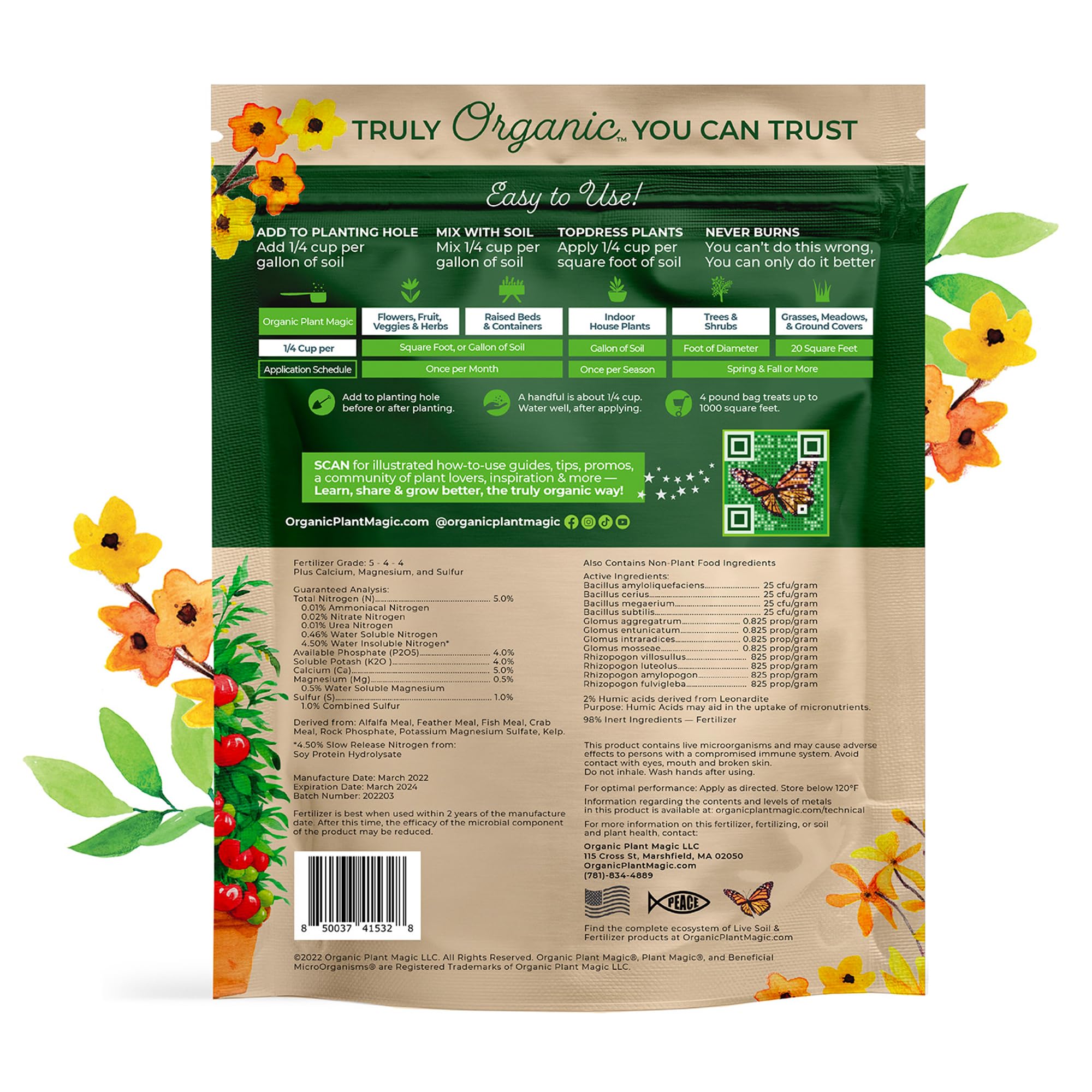 Organic Plant Magic spreadable granules on soil for easy versatile feeding.